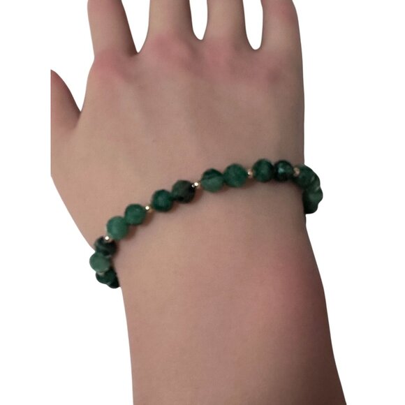 Emerald Micro Faceted Gemstone Beaded Stretch Bracelet 14K Gold Accent Beads - Picture 8 of 8